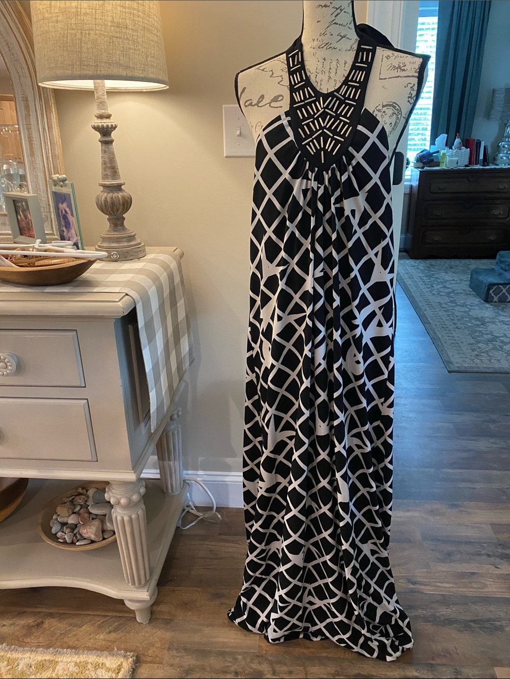 Black & White Geometric Maxi Dress with Braided Halter Neck